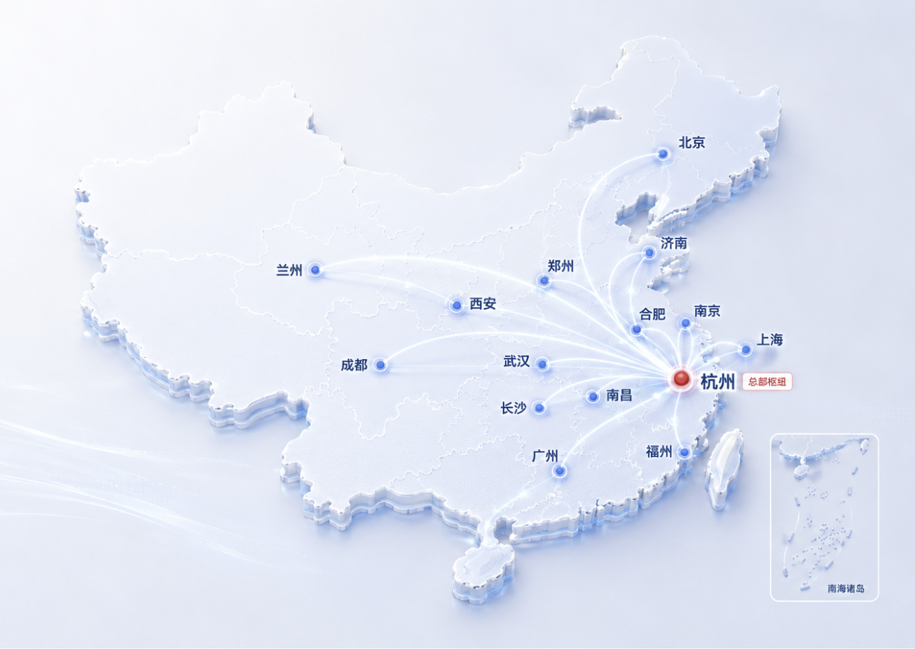 浅色立体中国服务网络地图,标注杭州总部、全国重点服务城市及南海诸岛